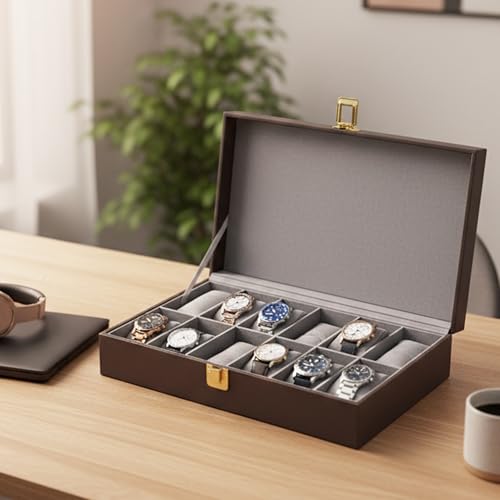 Image of MDF Unisex Faux Leather Watch Organiser Box with 12 Slots | Color: Brown