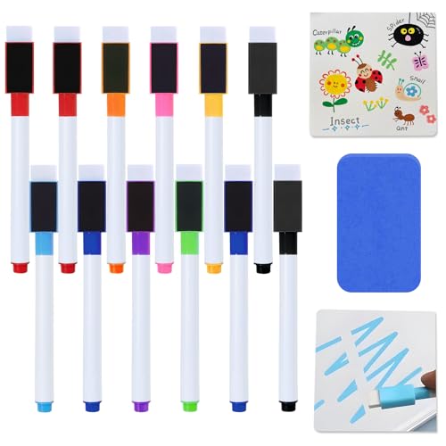 Rotuladores Pizarra Blanca 12 Pcs con Borrador, Rotuladores Pizarra Magnetica Niños 9 Colores Ideales para Aprendizaje, Pintura y Creatividad Para Pizarras Blancas, Pizarras de Notas y Más