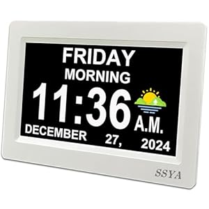 SSYA Digital Calendar Alarm Clock – Dementia Clocks for Seniors, Non-Abbreviated Memory Loss Clock with Date and Time for Elderly (White)