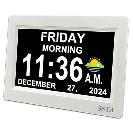 SSYA Digital Calendar Alarm Clock - Dementia Clocks for Seniors, Non-Abbreviated Memory Loss Clock with Date and Time for Elderly (White)