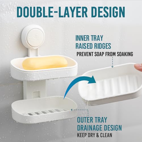 Image of TAILI Double Layer Soap Dish Suction Cup Soap Holder, Strong Sponge Holder for Shower, Bathroom, Tub and Kitchen Sink, Drill-Free, Removable (Pack of 2)