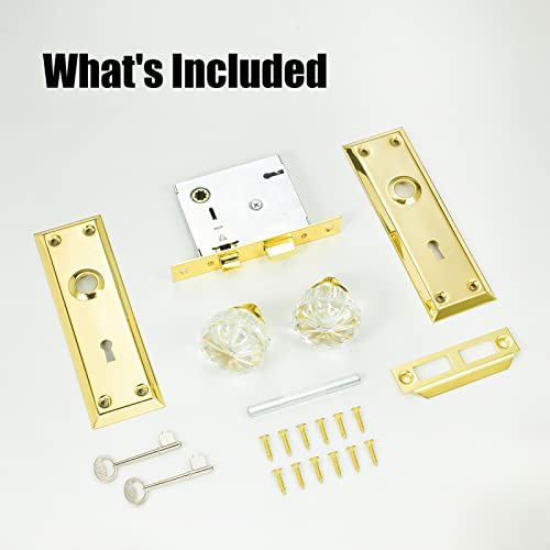 Newliplace Gold Mortise Lock Set With Crystal Glass Knob, Antique Door Knobs With Lock And Key, Fit Interior Door, Polished Brass Finish #TOP4