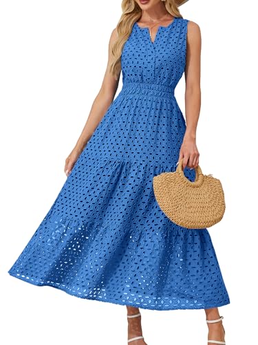 Image of Women 2026 Summer Maxi Dress Casual V Neck Sundress Sleeveless Hollow Out Eyelet a Line Long Flowy Beach Vacation Dresses(Blue,S)