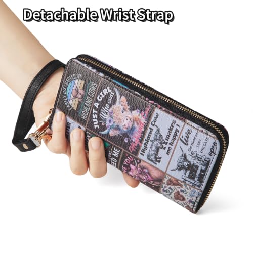 Image of Checkered Highland Cow Print Book Wallet For Women Skull Goth Frog Butterfly Ladies Cluth Wristlet Wrist Strap Long Purse Zip Around Card Holder