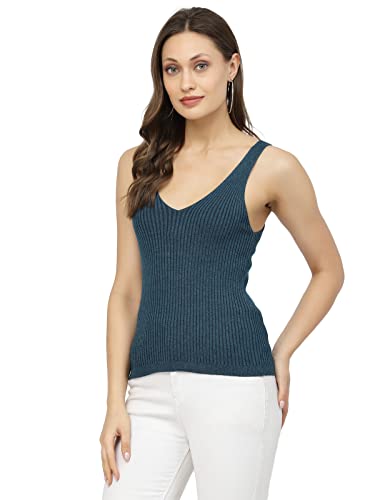 Image of Kalt Women Knitted, Ribbed Cotton Fitted Sleeveless V-Neck Cami Tank Top for Women Stylish
