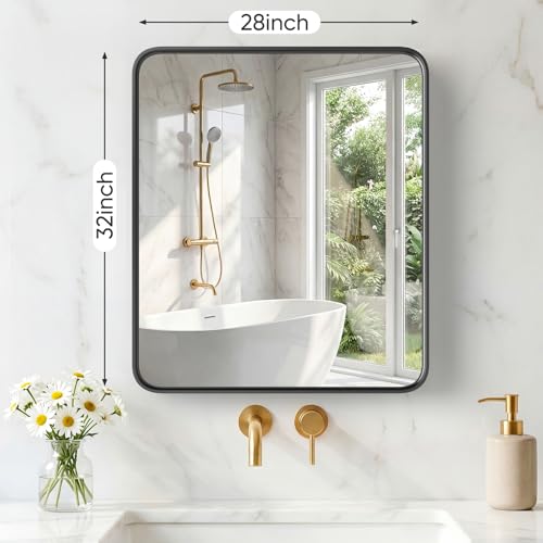 Image of Sweetcrispy Bathroom Mirror 32x28 Inch Metal Framed Rounded Rectangle Vanity Mirror for Wall, Over Sink, Farmhouse, Restroom, Anti-Rust, Modern Decorative, Horizontal or Vertical Hanging, Black