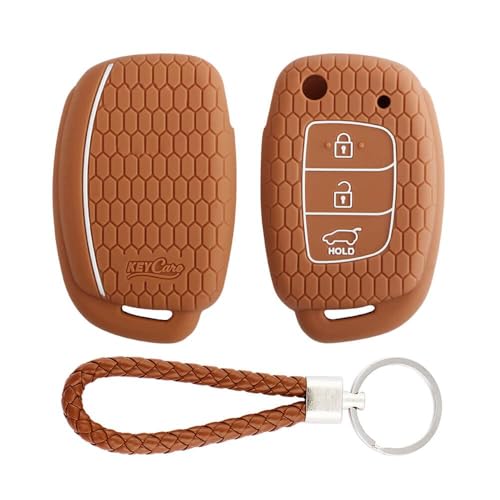Image of Keycare Compatible Silicone Key Cover Compatible for Venue, Aura, Elite i20, Active i20, Xcent 3 Button flip Key with KC Mini Brown Keyring (KC10 Brown with KCmini Keyring)