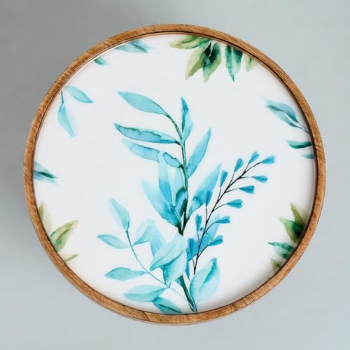 Image of SAAGA Round Wooden Cake Stand | 10 x 4.25 Inch Printed Mango Wood Cake Display Stand for Cakes, Pizza, Desserts & Pastries | White & Aquamarine Decorative Serving Stand for Dining & Entertaining