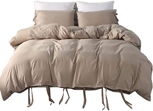 Vanansa Washed Microfiber Duvet Cover Set- Ultra Soft and Easy Care - 3 Piece Bedding Set with Tie Closure (Taupe, Queen)