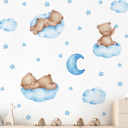 Image of Cute Blue Sleeping Baby Beer Wall Stickers, sacinora Moon and Stars DIY Art Wall Decals Removable Vinyl Peel and Stick for Boys Kids Baby Nursery Bedroom Toddler Room Kindergarten Decorations