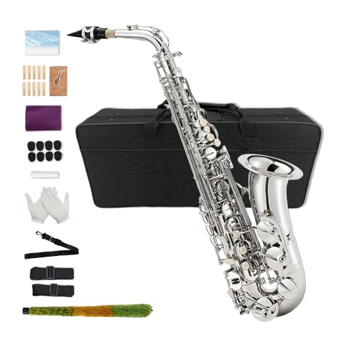Yinfente Saxofón plano con 10 lengüetas, 8 almohadillas, funda rígida y más, para estudiantes, principiantes, adultos, saxofón alto, kit de saxofón (plateado)