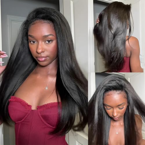 ISEE Half Wig Yaki Straight Human Hair Wigs 3 In 1 Beginner Friendly Glueless Wigs With Seamless Clip Ins No Lace No Glue Flip Over InvisiFit Strap Wig For Women 180% Density 20 Inch