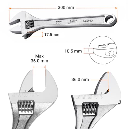 Image of Jetech 12-Inch Adjustable Wrench - Professional Heavy Duty Chrome Vanadium Steel Shifter Spanner with Inch /Metric Scale Wide Caliber Opening