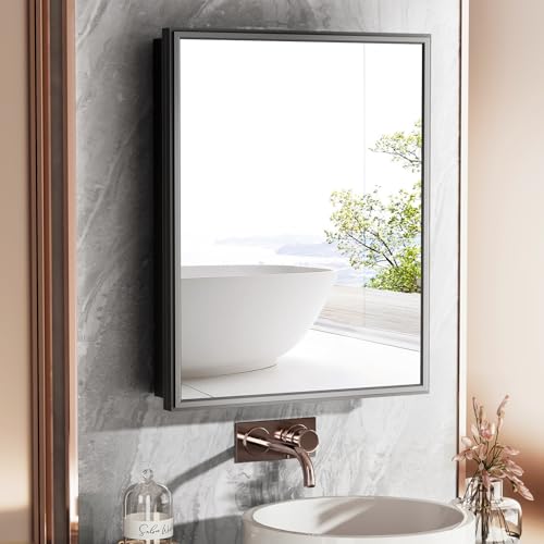 BOHMIROO 24x30 Inch Medicine Cabinet Mirror Black Bathroom Cabinet with Vanity Mirror Recessed Medicine Cabinet Surface Mount Matte Aluminum Vanity Mirror with Storage Cabinet