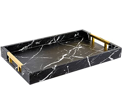 Home Redefined Modern Elegant 17.5"x12" Rectangle Black Marble Faux Leather Decorative Tray Ottoman Coffee Table Perfume Living Room Kitchen Serving Tray with Gold Polished Handles for All Occasion's by Home Redefined - Used condition - US$27.14
