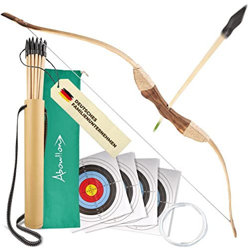 Abowllon® Pfeil und Bogen Kinder Sportgerät Set 15 Pfeile mit Gummispitze, Köcher, Tasche & 4 Zielscheiben | Bogenschießen Kinder | Für Rechts und Linkshänder