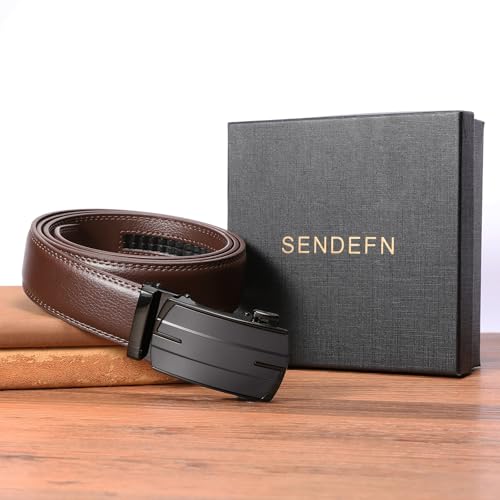 SENDEFN Men's Leather Belt Automatic Ratchet Buckle Slide Belt for Dress Casual Trim to Fit with Gift Box — view 6