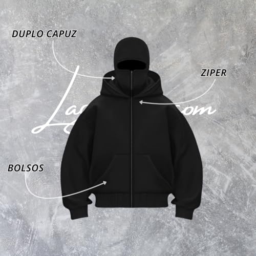Moletom balaclava Preto com Capuz Duplo, Zíper Frontal, Bolsos Laterais, Estilo Casual