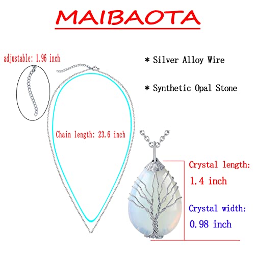 Maibaota Opal Healing Crystal Stone Necklace Tree Life Wire Wrapped Teardrop Crystals Pendant Necklaces Natural Reiki Quartz Gemstone Jewelry For Women Girls #TOP3