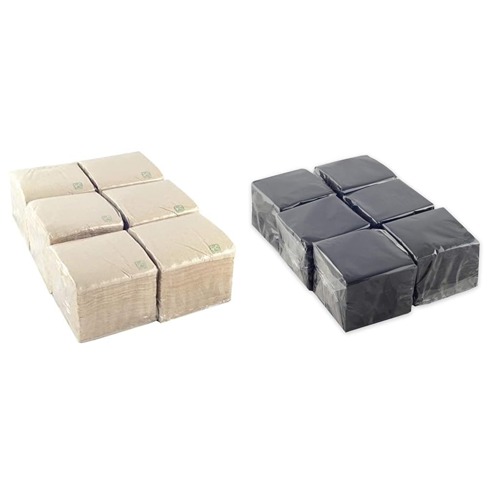 Hostelnovo - 600 Unità di tovaglioli ecologici per Cocktail Marca Bio-Eco - Colore naturale & 600 Unità di tovaglioli neri da tavolo - Carta usa e getta - Micropunto - 10x10 cm