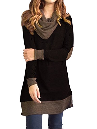 Image of Famulily Women's Cowl Neck Tops Two Tone Color Block Pullovers Elbow Patchs Loose Long Tunic Blouse