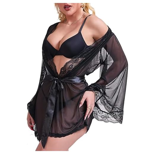 comeondear Kimono Damen Langarm Transparente Bademantel Nachtwäsche Sleepwear Reizwäsche mit Gürtel(Schwarz,XS-S)
