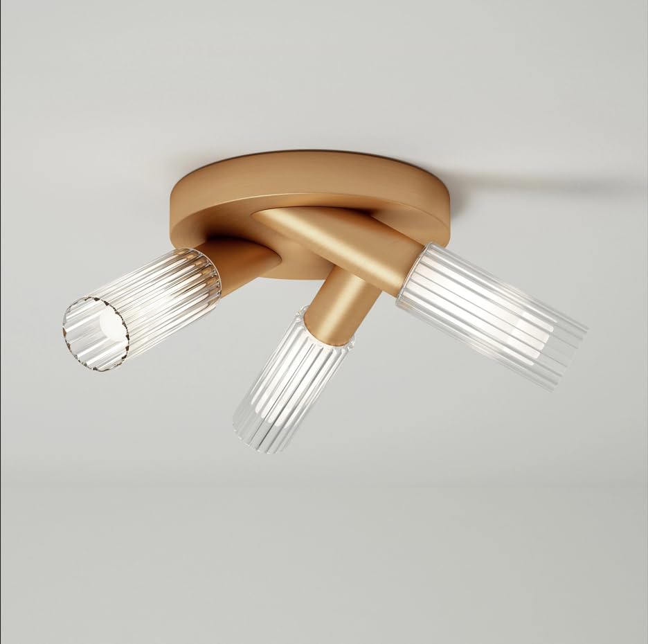 Pebble Grey Aulos 3 Plate Ceiling Light 337 x 331 x 164mm Brass - Bathroom Lights, Ribbed Glass Ceiling Shade, Flush Mount Fitting, Modern Indoor Lighting, IP44 Bathroom Rated, Home Lighting