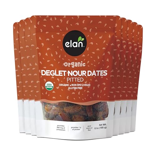Image of Elan Organic Pitted Dates, Naturally Sweet Dried Fruits, No Pits, No Sugar Added, No Sulphites, Non-GMO, Vegan, Gluten-Free, Kosher, Deglet Noor Dried Dates, 8 pack of 6.5 oz