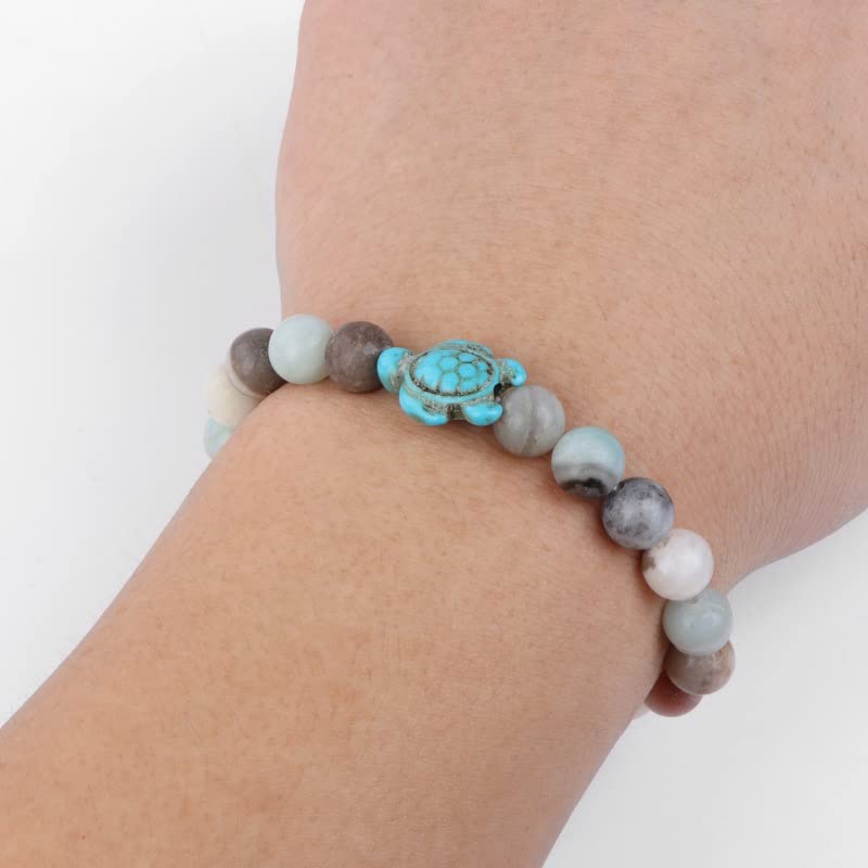 Pingyongchang 4pcs Sea Turtle Beads Bracelets Set,Elastic Natural Stone Stretch Lava Bracelet Anklet for Women Men,Supports the Sea Turtle Conservancy,Friendship Couple Turquoise Bracelets2