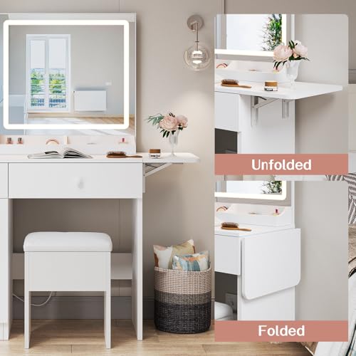 Image of Haewon White Vanity Desk with Mirror and Lights, Makeup Vanity with Charging Station and 3 Lighting Modes, Dressing Table Set with Storage Cabinet, Drawers and Chair for Girls Bedroom