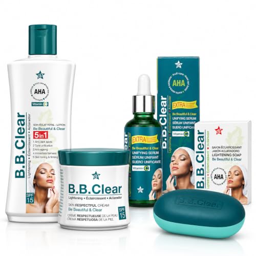 B.B. Clear Skin Care Set – 5 in 1 Lotion SPF 15, Skin Respectful Cream SPF 15, Vitamin C Unifying Serum & Lightening Soap – AHA Skin Care Routine – 4 Piece Set