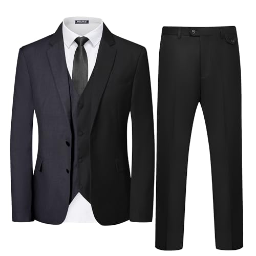 WULFUL Men's 3 Piece Slim Fit Suit Set Two Button Blazer Jacket Vest Pants Tuxedo Set for Party, Wedding and Business Black Grey