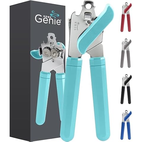 Home Genie Can Opener, Stainless Steel and Rust Resistant Blade, HandHeld Easy Turn Knob, Smooth Edge Cut on Lids, Large Handles with Bottle Top Openers, Kitchen Tool Accessories, Teal Cover