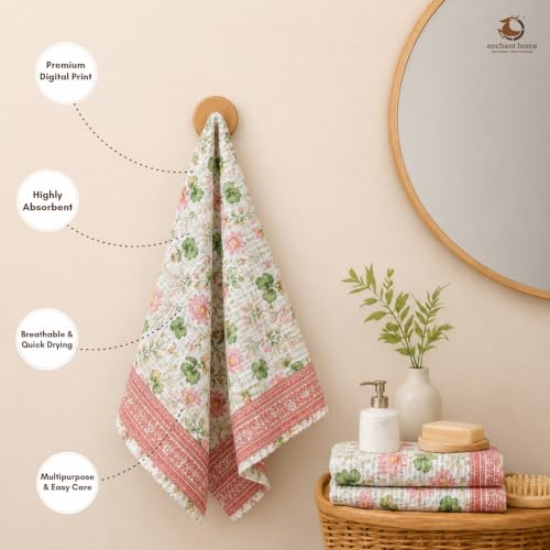 Image of Cotton Rich Printed Waffle Hand Towel | Lightweight | Anti Microbial & Water Absorbent | Soft Touch Quick Drying Towels (Lotus Serene, Pack of 4)