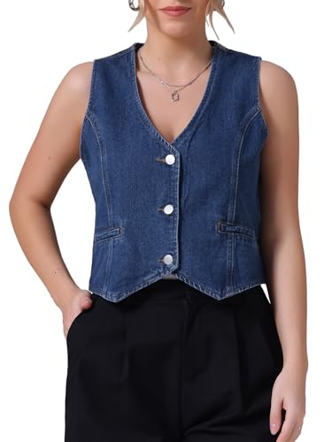 Women's Denim Vest V Neck Button Down Sleeveless Waistcoat Vest Top Western Outfits Casual Jean Vests