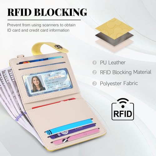 Image of RFID Wallet Women,Slim Small Wallets Embossed Flower Leather Bifold Compact Ladies Girls Wallet with Credit Card Holder Zipper Coin Pocket Yellow