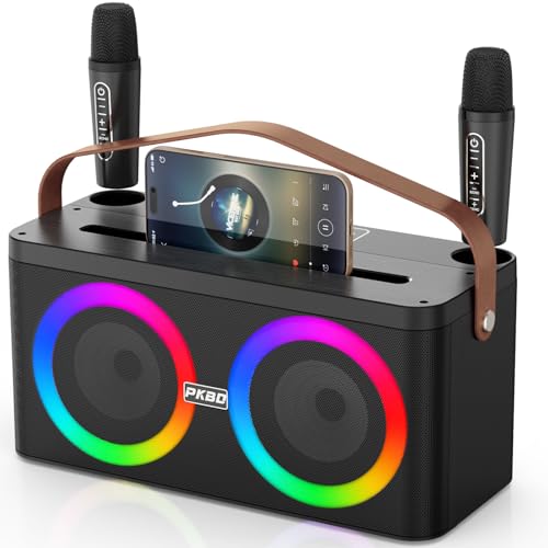 PKBD Máquina de Karaoke con Soporte para Teléfono/Pad, Altavoz Bluetooth Portátil con 2 Micrófonos Inalámbricos/Luces LED/Sistema PA para Fiestas en Casa, Regalos de Cumpleaños