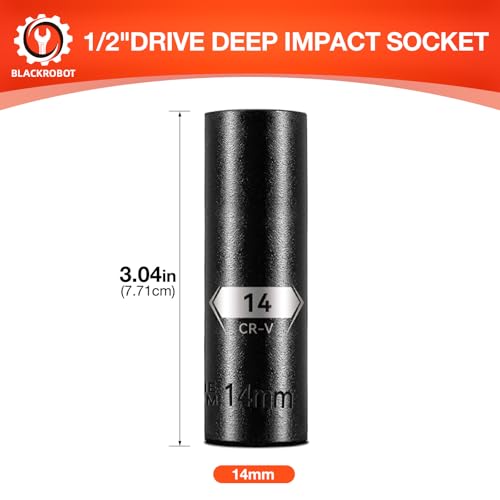 Image of BLACKROBOT 1 /2 Inch Drive 6-Point Deep Socket, 14mm Deep Impact Socket, CR-V Steel