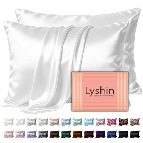 Image of LYSHIN White Silk Pillow Cases 2 Pack King Size with Zipper | 19 Momme Mulberry Silk Pillowcase for Skin and Hair, Anti-Acne, Hypoallergenic, Cooling, Beauty Sleep, Gifts for Women