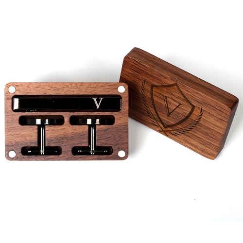Image of Mens Initial Cufflinks and Tie Clip A-Z Alphabet Letter Black Stainless Cuff Links Tie Bar with Engraved Walnut Wood Box Groom Groomsman Wedding Set