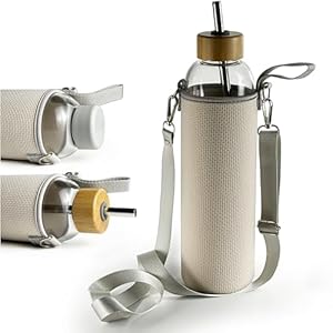 32 oz Clear and Large Borosilicate Glass Water Bottles with 2 Lids | Sports Water Bottle with Neoprene Sleeve and Adjustable Strap (White Plastic Lid and Bamboo Lid with Straw)