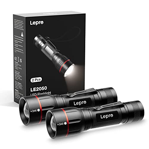Lepro LED Flashlight with Clip, LE2050 Flashlight High Lumens, 5 Lighting Modes, Zoomable, Waterproof, Lightweight Flashlights for Emergencies,Camping, Powered by AAA Battery, 2 Pack