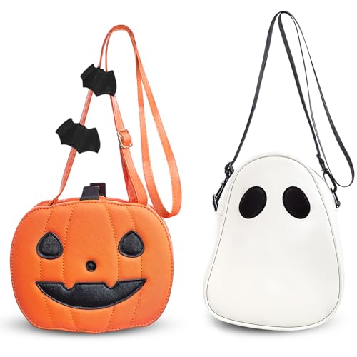 Sanwuta 2 Pack Halloween Purse Set for Women, Cute PU Leather Pumpkin Purse and Ghost Bag Crossbody Bags for Halloween Easter Party Favors