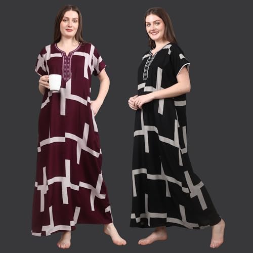 Image of Women's Nightgown | Wine Color with Abstract Geometric Print | Embroidered Neck Sleepwear | Premium Lounge Gown