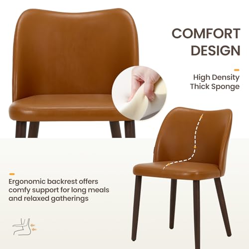 Image of Wooden Dining Chairs Set of 6, Upholstered Kitchen Dining Room Chair, Modern Faux Leather Farmhouse Dinner Chair for Restaurant & Cafe, Light Brown