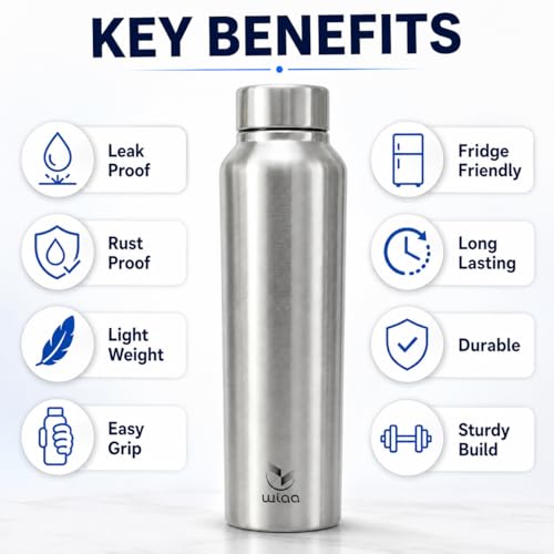 Image of Stainless Steel Water Bottle 1 Litre | Single Wall, Leak Proof Fridge Bottle with Wide Mouth | Office, Gym, School, Travel & Home (CLASSIC | 3PC SET)