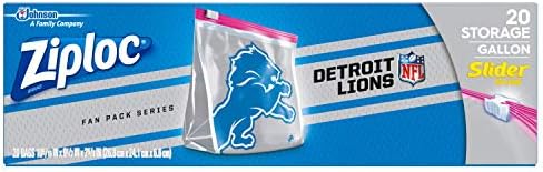 Ziploc Slider Storage Gallon Bag, Great for Grab-and-go Snacking, Tailgating or homegating, 20 Count- NFL Detroit Lions