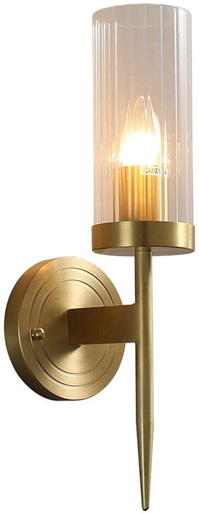 Kinkiety ścienne z miedzianym uchwytem, pojedyncza lampa z cylindrycznym szklanym kloszem, wykończenie mosiężne, 40 cm, stosowane na korytarzach, schodach, w salonach, do czytania