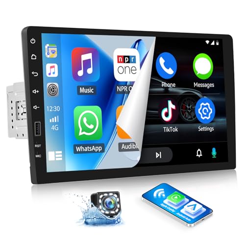 Single Din Car Radio with Wireless CarPlay Android Auto,9 Inch IPS Touch Screen 1 Din Car Stereo with Mirror Link, FM AM Radio Bluetooth,SWC EQ Setting Car Multimedia Player with Backup Camera