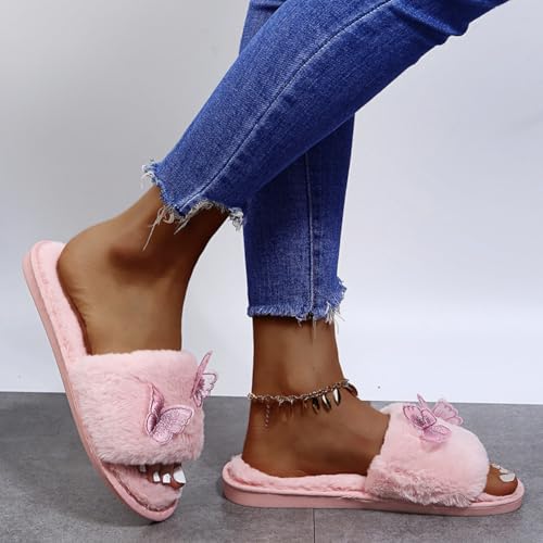 Butterfly Plush Slippers for Women Fluffy Slippers Slip-On Plush Shoes for Home Wear Open Toe Winter Funny Adult4